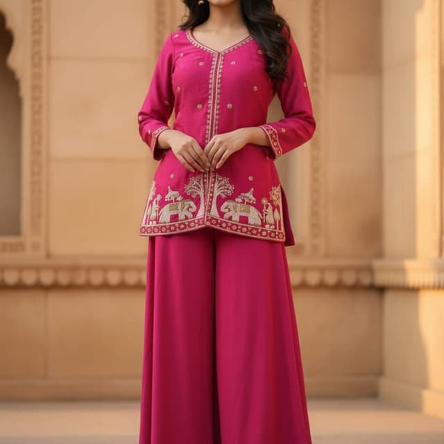 Magenta, Gold Kurta and Palazzo Set