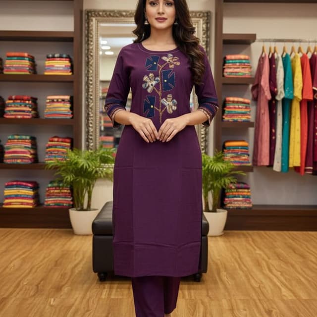 Deep Purple, Blue, Beige Kurta with Pants