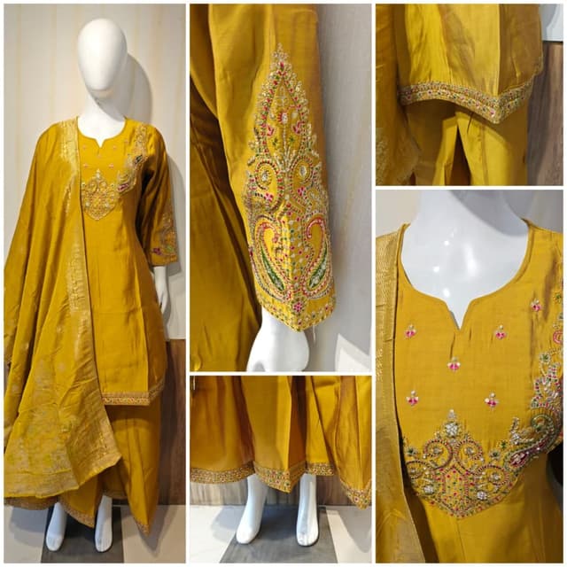 Mustard Yellow with multi-colored embroidery accents Salwar Kameez Suit with Dupatta