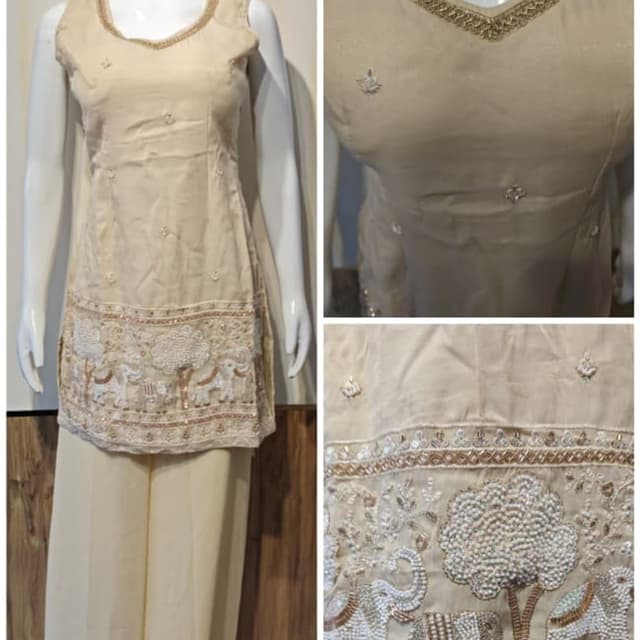 Beige, Gold, White Kurta and Palazzo Set