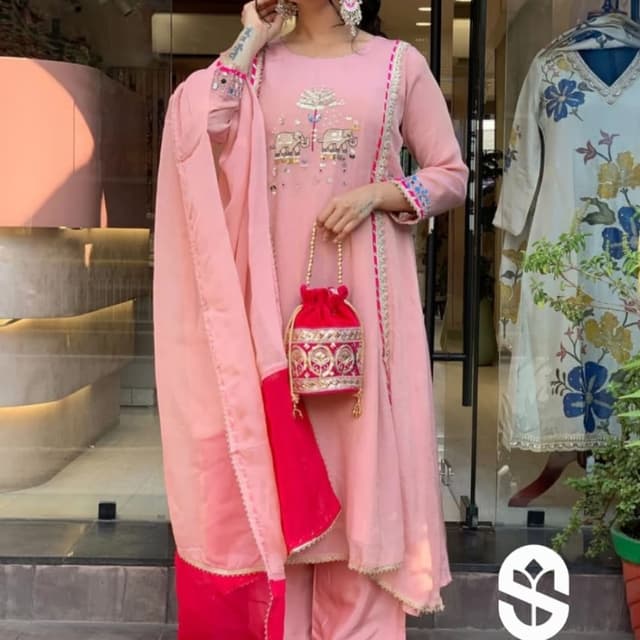 Pale Pink and Red Anarkali Suit Set