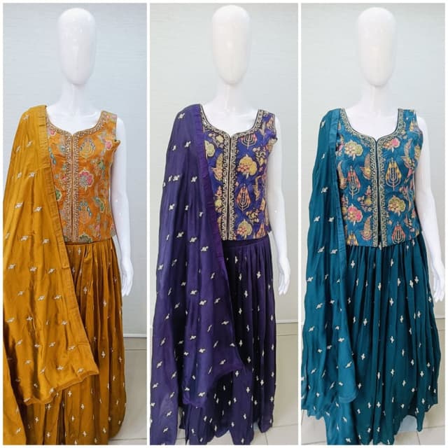 Mustard Yellow, Deep Purple, Teal Green with contrasting embroidery Lehenga Choli