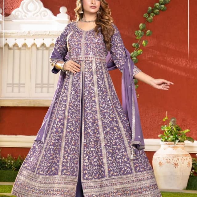 Purple with golden and light orange accents Anarkali Suit