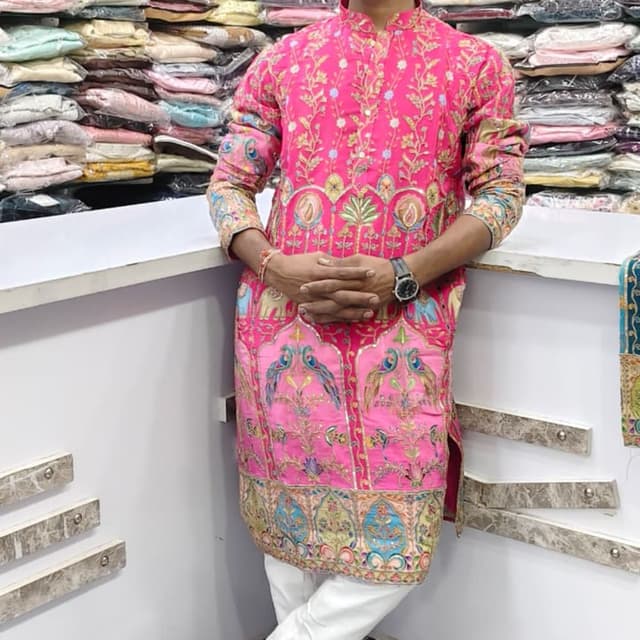 Pink, Gold, Blue, White Kurta