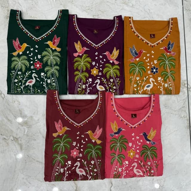 Various - Dark green, purple, mustard yellow, maroon, and pink, with multicolored embroidery. Kurti