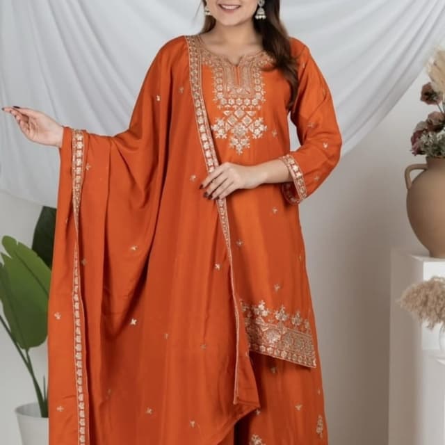 Orange and Gold Salwar Kameez Suit with Dupatta