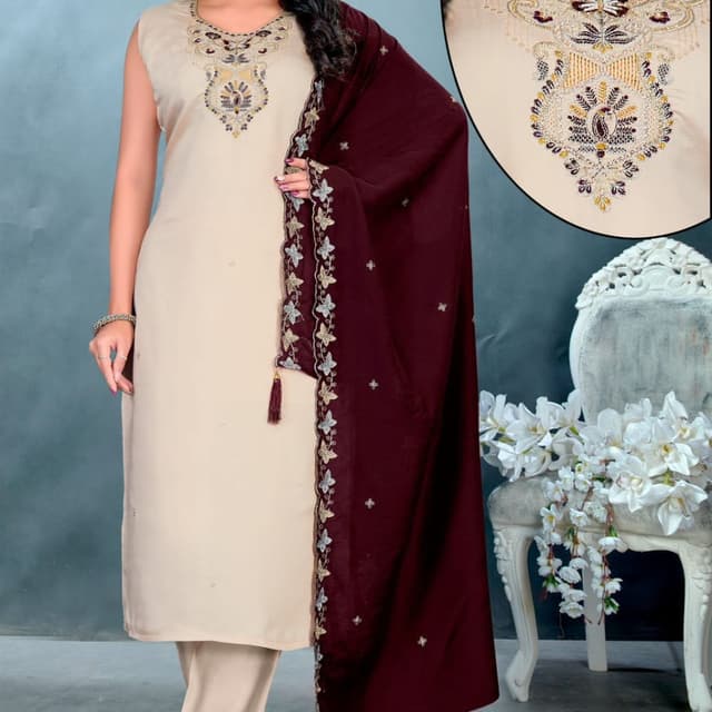 Beige, Maroon, Gold Salwar Kameez Suit
