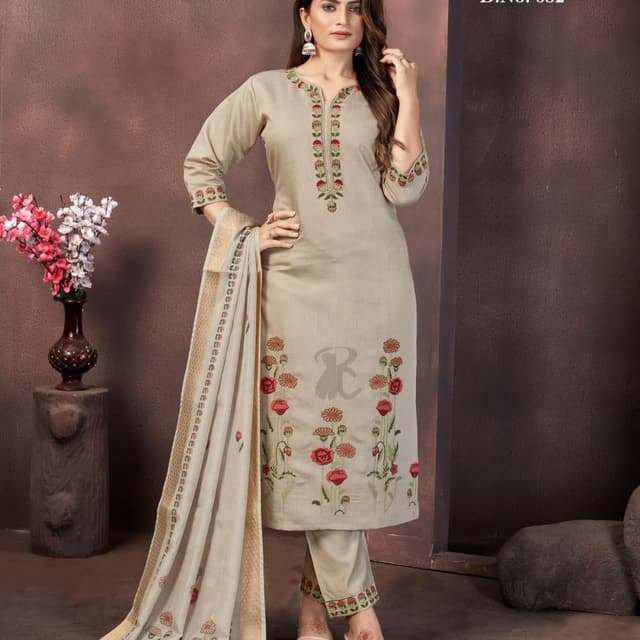 Beige, Red, Green Salwar Kameez