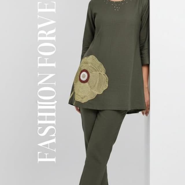Olive green, beige, brown Tunic and Pants Set