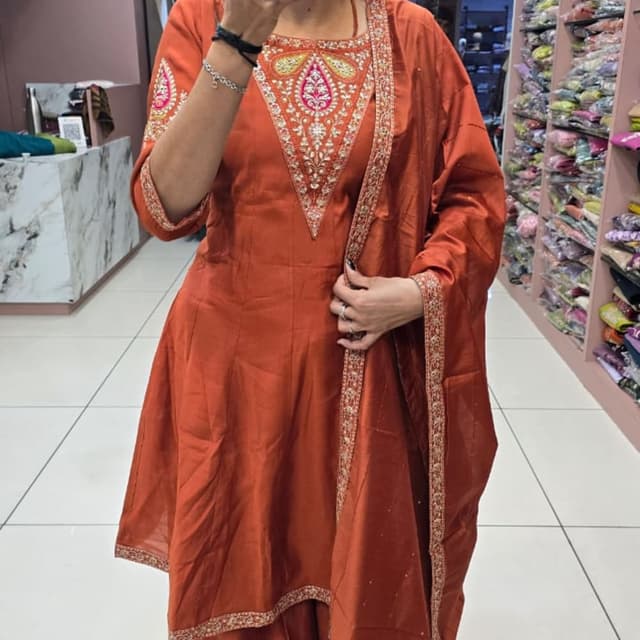 Burnt Orange with Gold and accents of Pink and Green Anarkali Suit Set