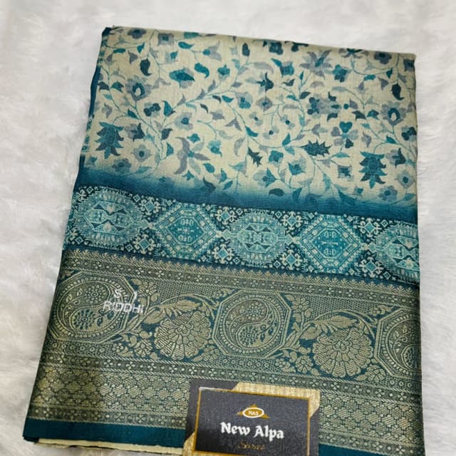 Teal, cream, and olive green Saree