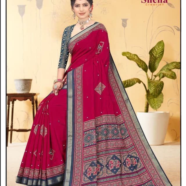 Red, Blue, and Cream Saree