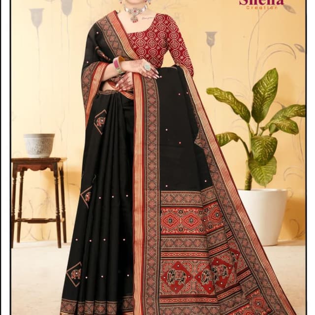 Black, Red, and Beige Saree