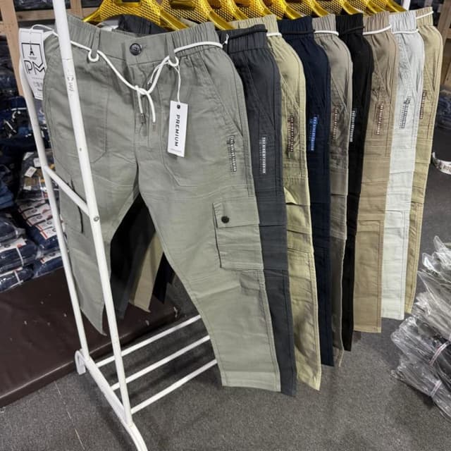 Various shades including grey, black, khaki, and navy. Cargo Pants
