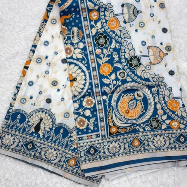Royal Blue, White, Orange, Black, Beige Saree/Fabric