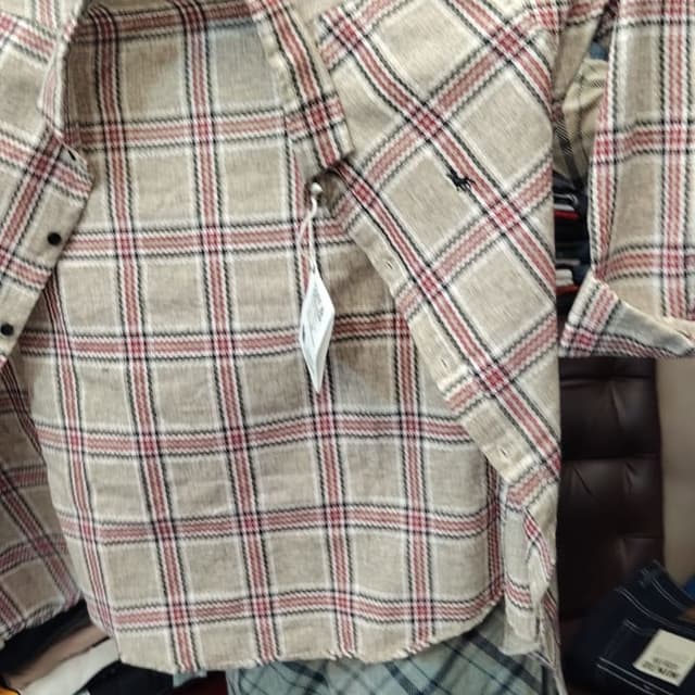 Beige, Red, Black, White Shirt