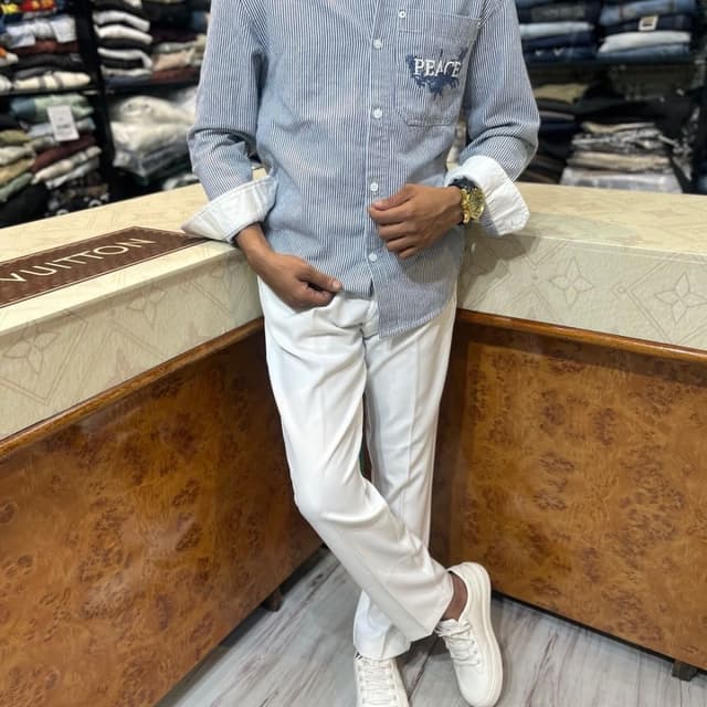 Blue and White Shirt and Trousers