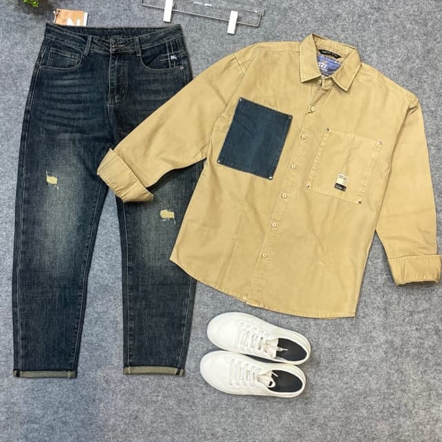 Blue, Beige, White Shirt, Jeans, Sneakers
