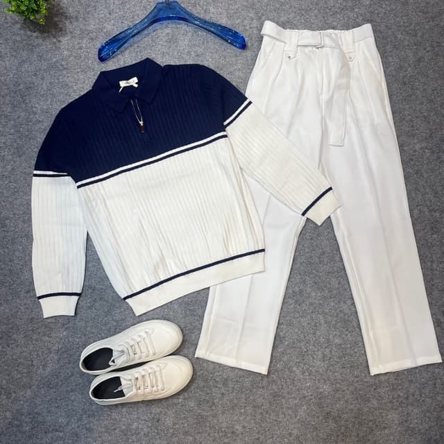 Navy Blue and White Sweater and Trousers