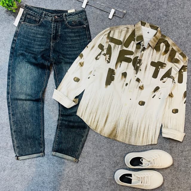 Blue, White, and Olive Green Shirt and Jeans
