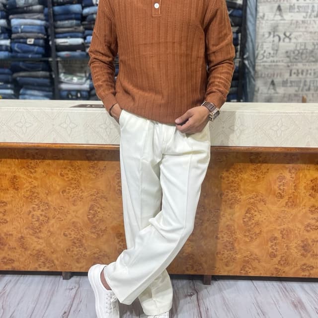 Brown and White Sweater and Trousers