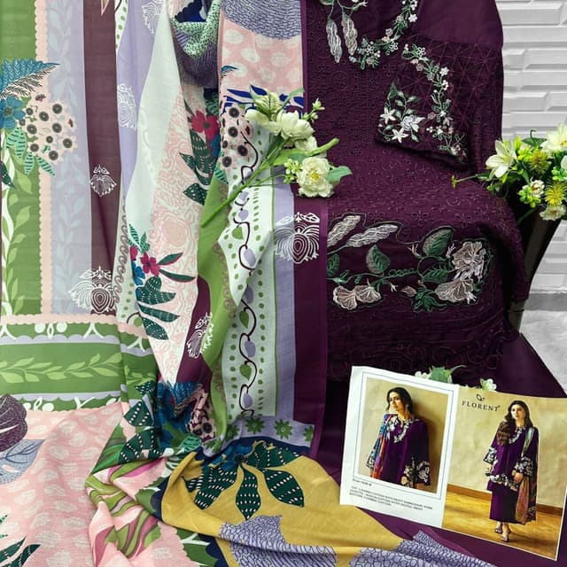 Deep purple, with accents of green, white, pink, yellow, and lavender. Unstitched Suit