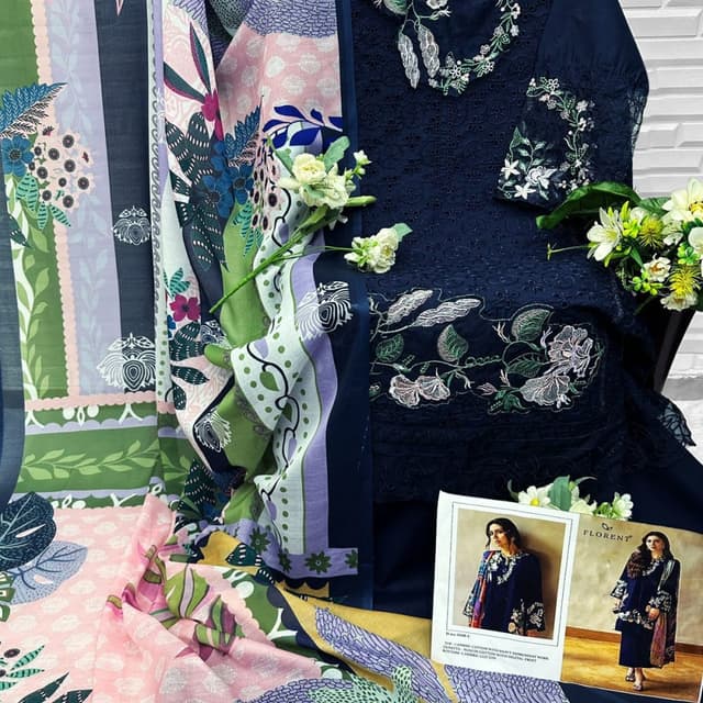 Navy blue, pink, green, purple, and white Unstitched Suit Set