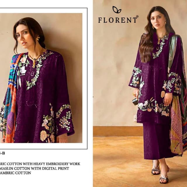 Deep purple with floral embroidery in shades of green, cream, and peach Suit