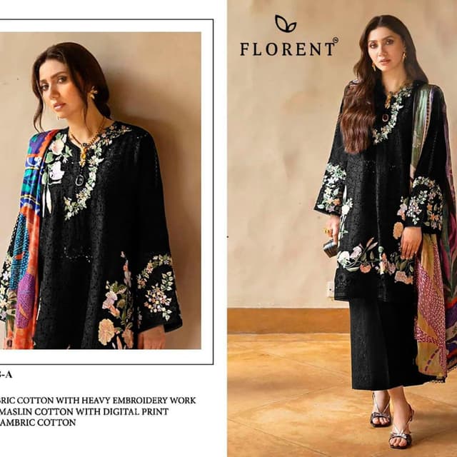 Black with floral embroidery in shades of pink, green, and cream Kurta