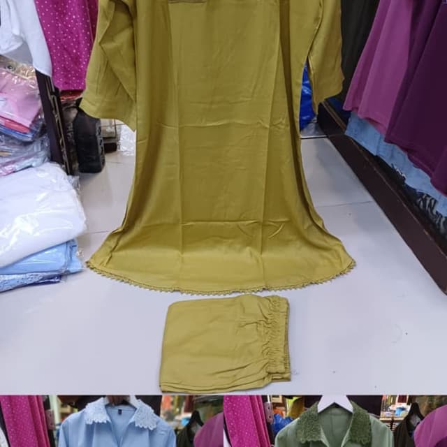 Various shades of green, with options in blue and olive green. Kurta Set