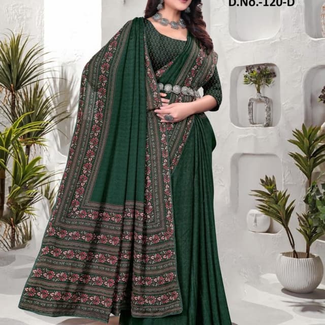 Dark Green, Red, Beige Saree
