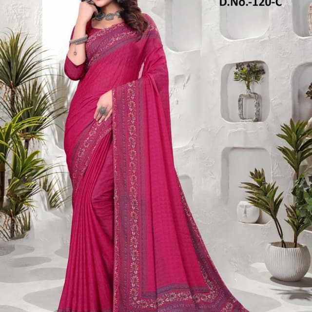 Magenta, with accents of dark purple, gold, and cream Saree