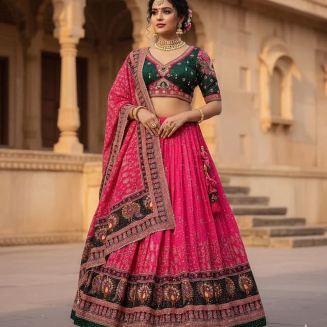 Pink, Green, Black, Gold Lehenga Choli