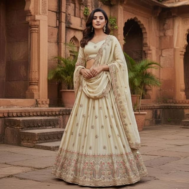 Ivory, with accents of peach and brown Lehenga Choli