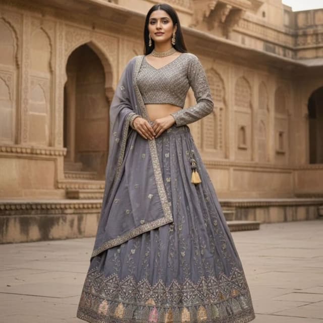 Gray and silver with hints of gold and pastel colors Lehenga Choli
