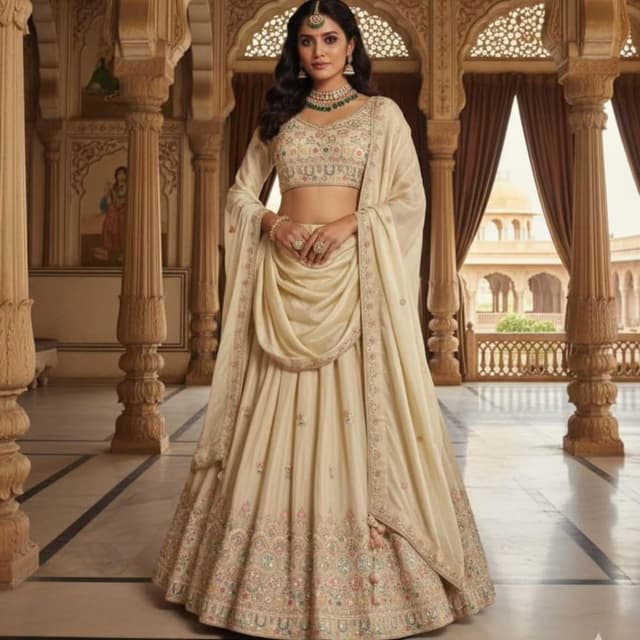 Ivory, with accents of pastel pink, green, and gold Lehenga Choli