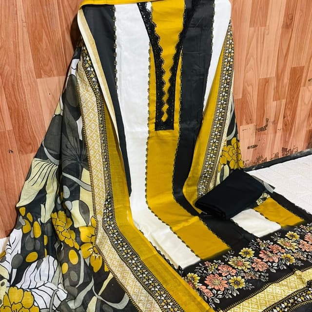 Black, White, Yellow, and Floral Print Unstitched Suit
