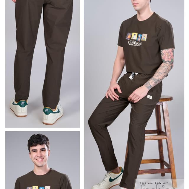 Olive green, White, Brown T-shirt and Pants