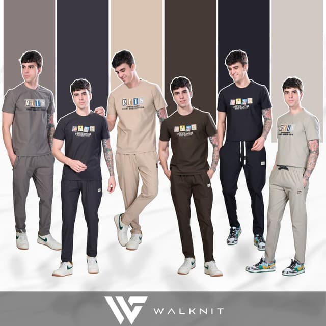 Various - T-shirts in shades of gray, beige, and brown, paired with matching or coordinating pants. The logo designs include multiple colors. Cord Set