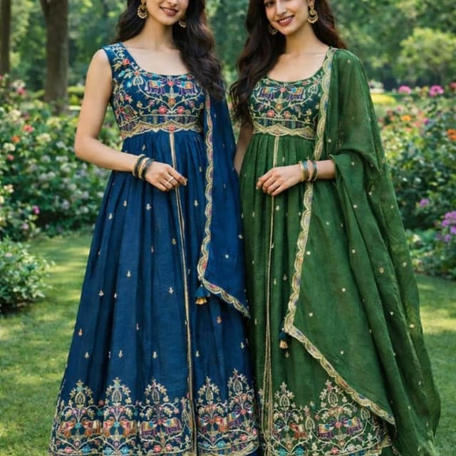 Blue, Green, Gold, with accents of various colors in the embroidery Anarkali Suit