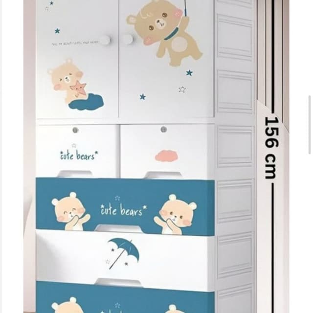 White, Teal, Beige Storage Cabinet