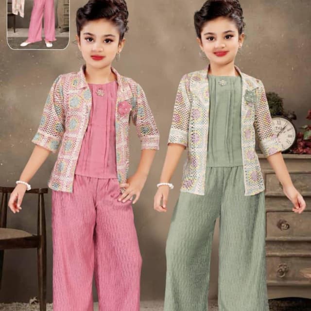 Pink, green, and a multicoloured pattern on the jackets Jacket, top and pants set