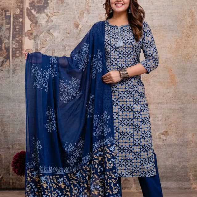 Blue, Beige, Black Salwar Kameez with Dupatta