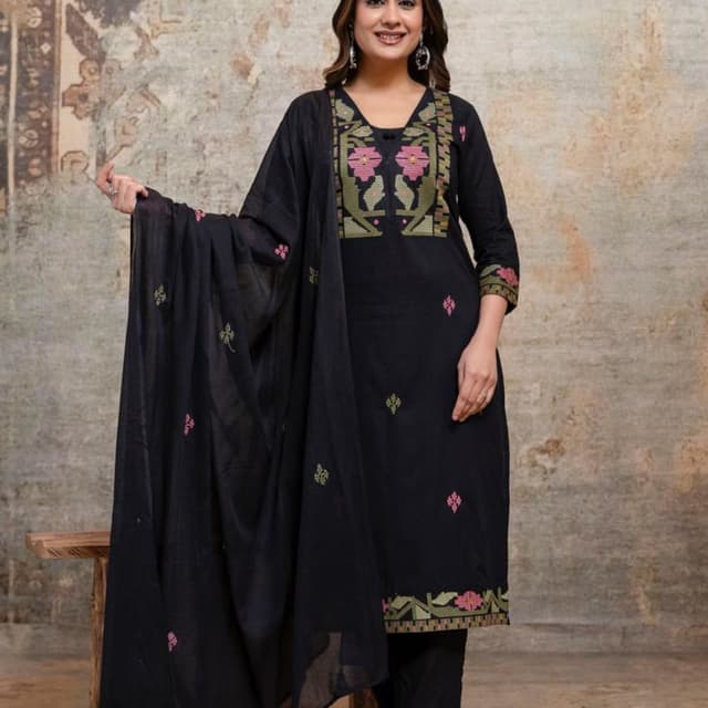 Black with Pink and Green accents Salwar Kameez with Dupatta