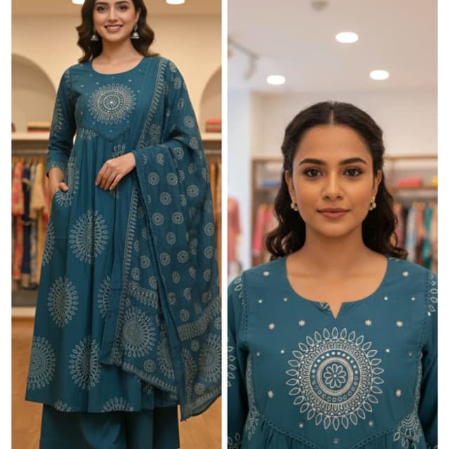 Teal with off-white accents Salwar Kameez with Dupatta