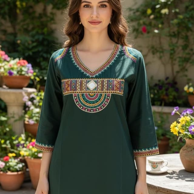 Emerald green with multi-colored embroidery (red, yellow, blue, turquoise, purple) Dress