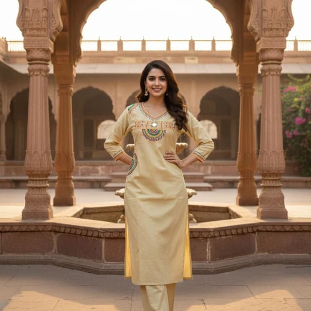 Beige, with multi-colored embroidery accents Kurta with pants