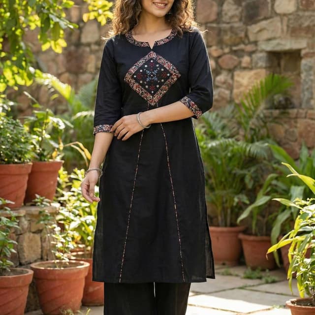Black with multicolored embroidery Kurta with palazzo pants