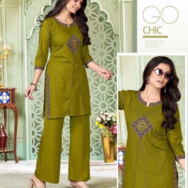 Olive Green with Multi-colored accents Kurta with Palazzo Pants