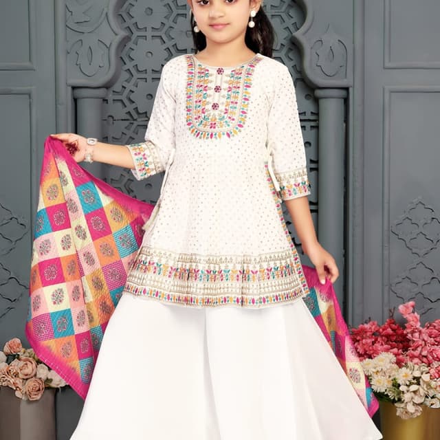 White, with multicolor embroidery and a pink, orange, and blue shawl Kurti with Palazzo pants and shawl